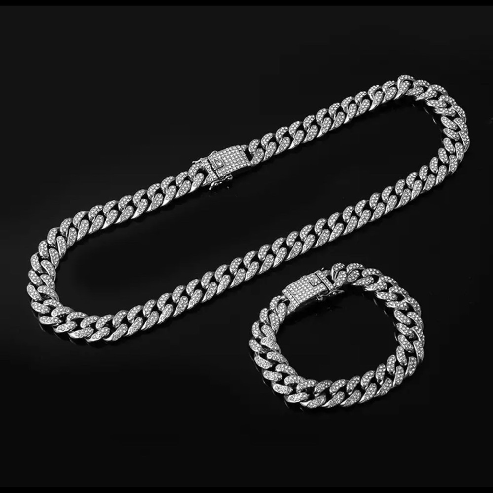 Hip Hop Iced Out Cuban Links Chain Necklace Set